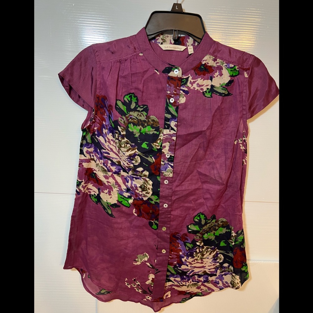 SOFT SURROUNDINGS Silk/Cotton Bouquet Of Roses Purple Cap Sleeve Tunic PXS